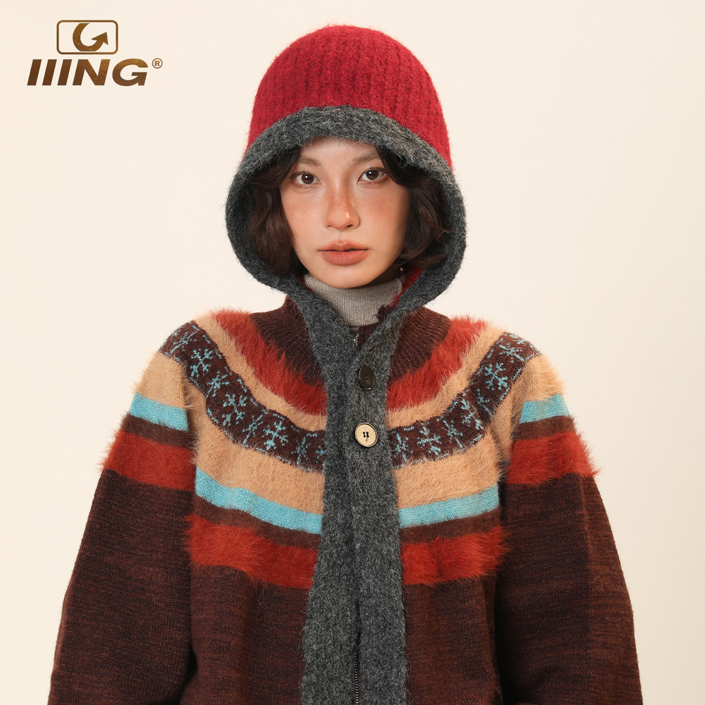 设计感拼色含羊毛巴拉克拉法帽