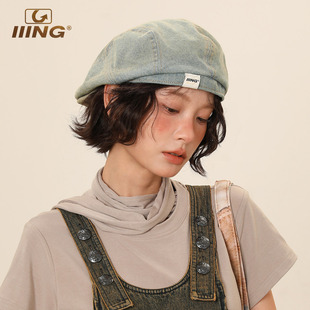 IIING帽控 百搭显脸小反戴贝雷帽 复古水洗做旧牛仔前进帽子女时尚
