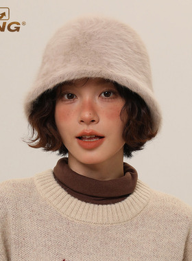 IIING帽控 兔毛渔夫帽女显脸小秋冬氛围感毛绒水桶帽大头围盆帽子