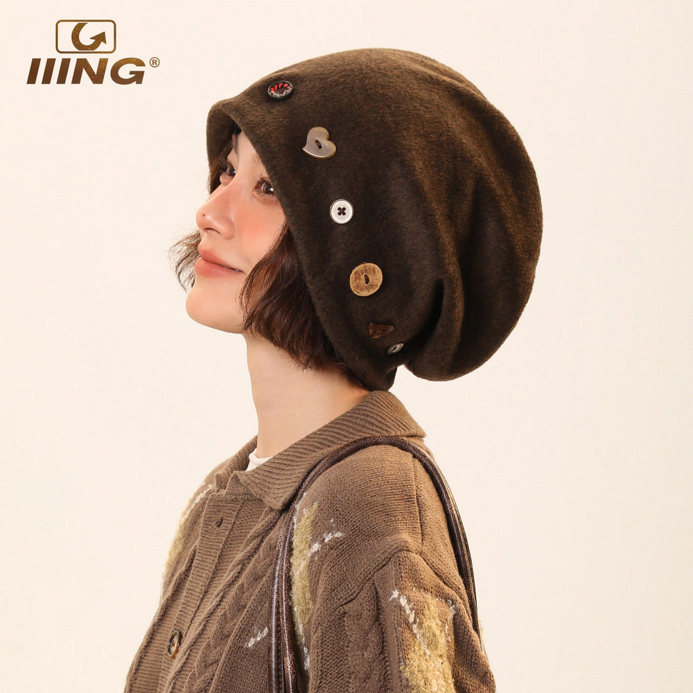 IIING帽控 设计感纽扣针织帽子女2025秋冬季新款百搭显脸小堆堆帽图片