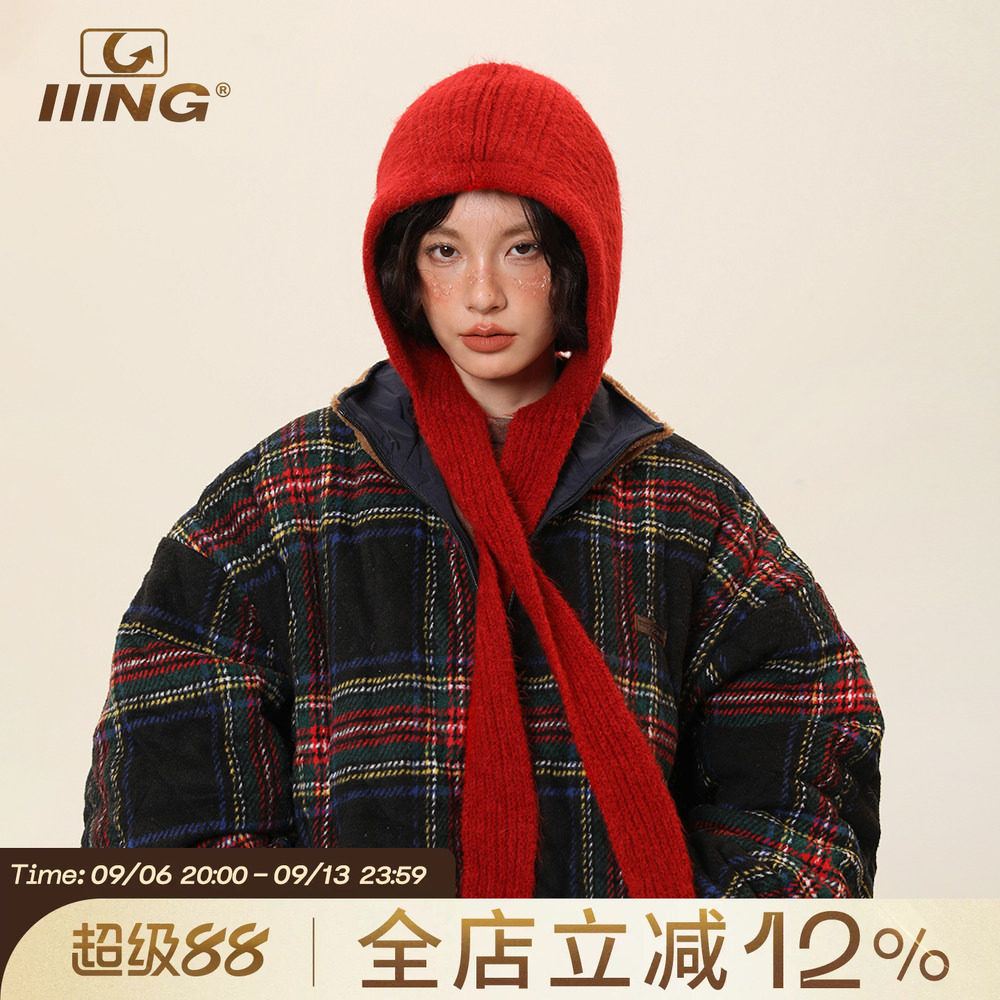 IIING帽控 红色针织帽女秋冬加厚保暖护耳毛线帽子围巾一体含羊毛