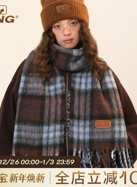 IIING帽控 羊毛混纺格子流苏围巾女秋冬保暖加厚百搭情侣围脖披肩