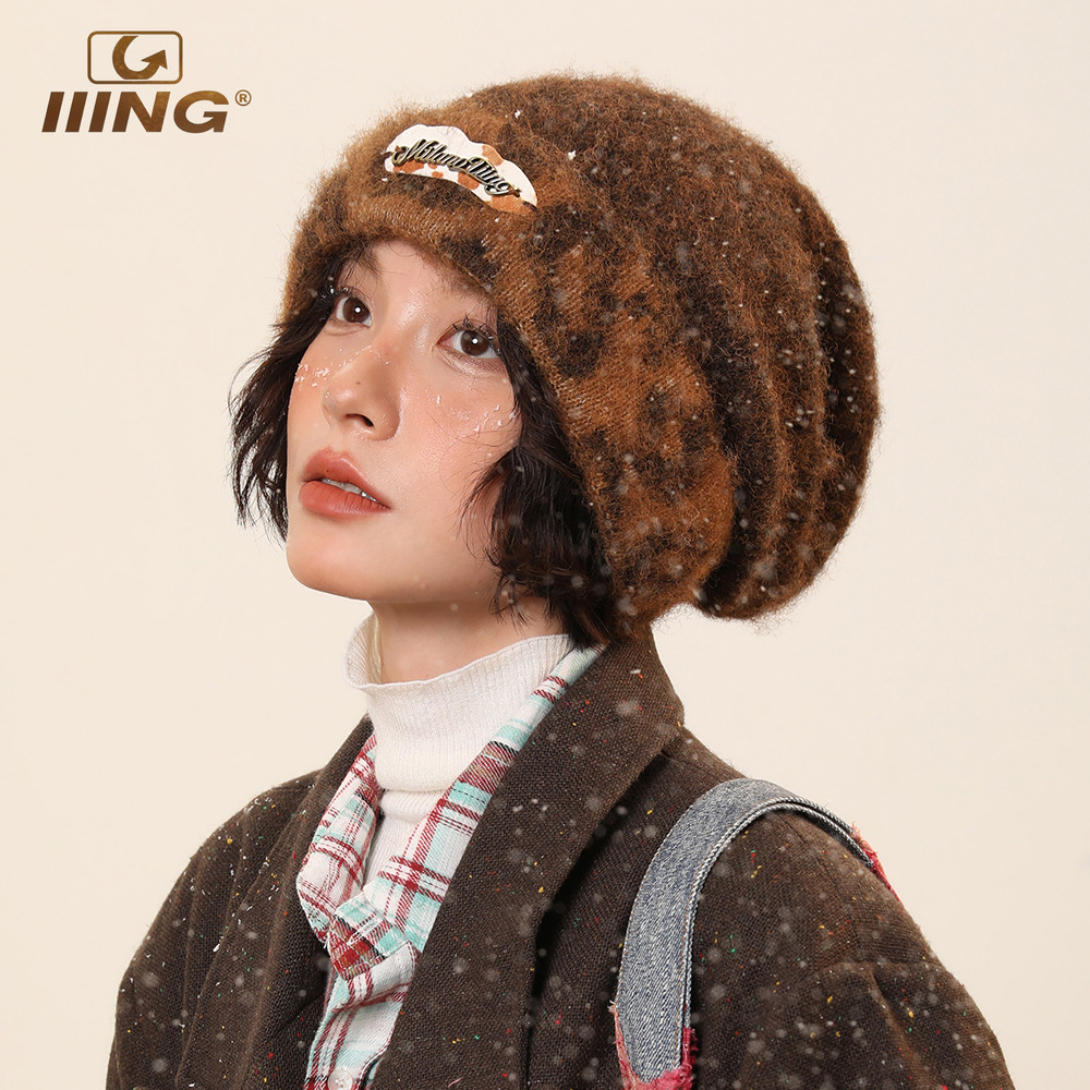 IIING帽控 复古豹纹拼色毛线帽子女秋冬显脸小保暖护耳针织堆堆帽