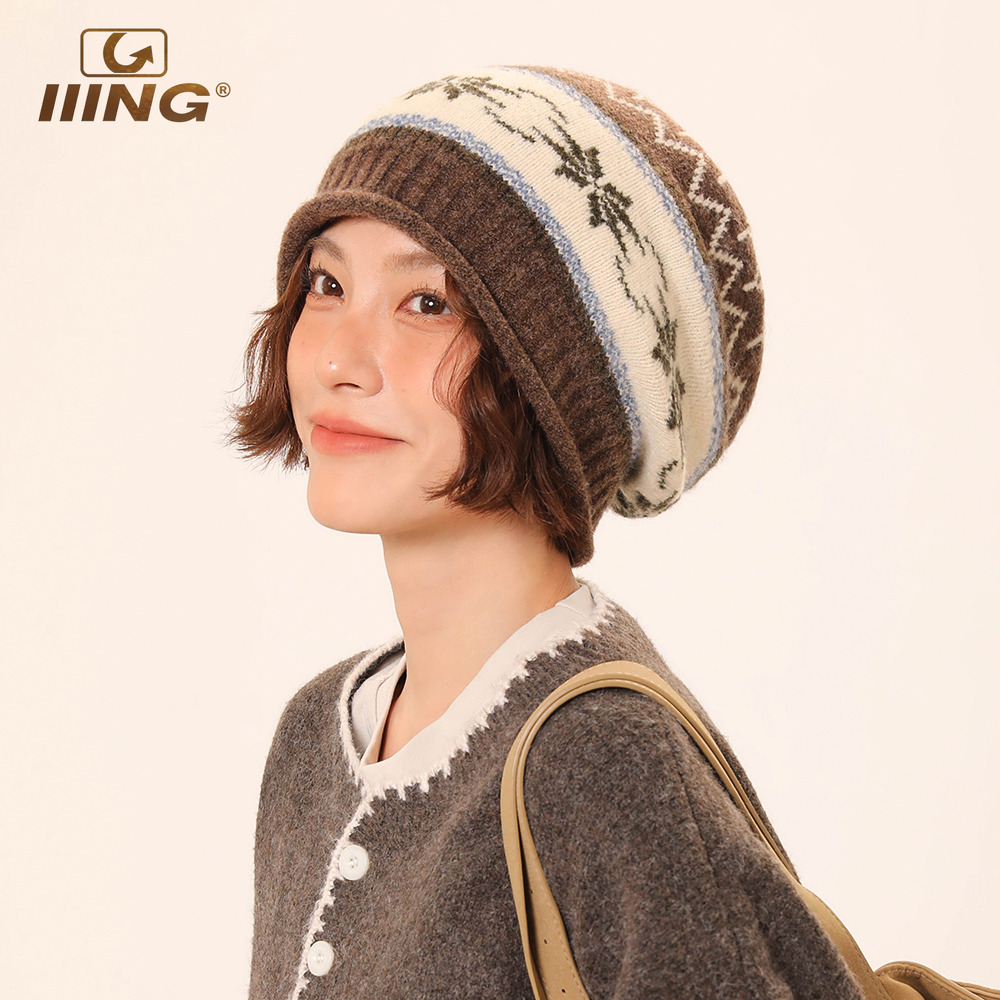 费尔岛风提花针织堆堆帽