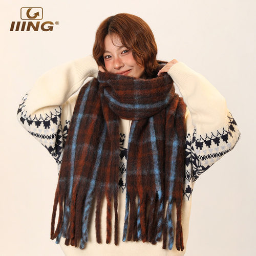 IIING 加厚防寒马海毛围巾男女情侣2025新款冬季格纹披肩保暖围脖
