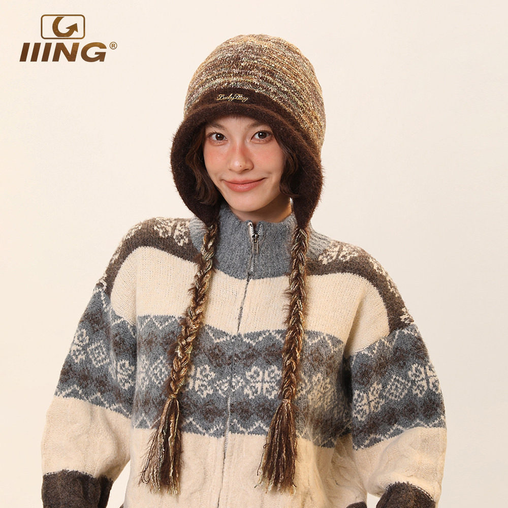 IIING帽控 羊毛混纺扎染辫子流苏包头帽女冬保暖护耳大头围针织帽,服饰配件/皮带/帽子/围巾,帽子,淘宝优惠券,粉丝福利购,淘宝优惠卷