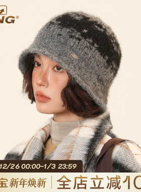 IIING帽控 原创羊毛混纺撞色针织护耳渔夫帽女冬百搭显脸小水桶帽