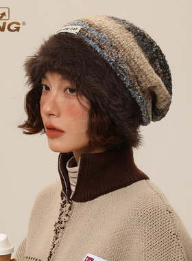 IIING帽控 毛绒包头针织堆堆帽子女显脸小秋冬防寒保暖百搭毛线帽