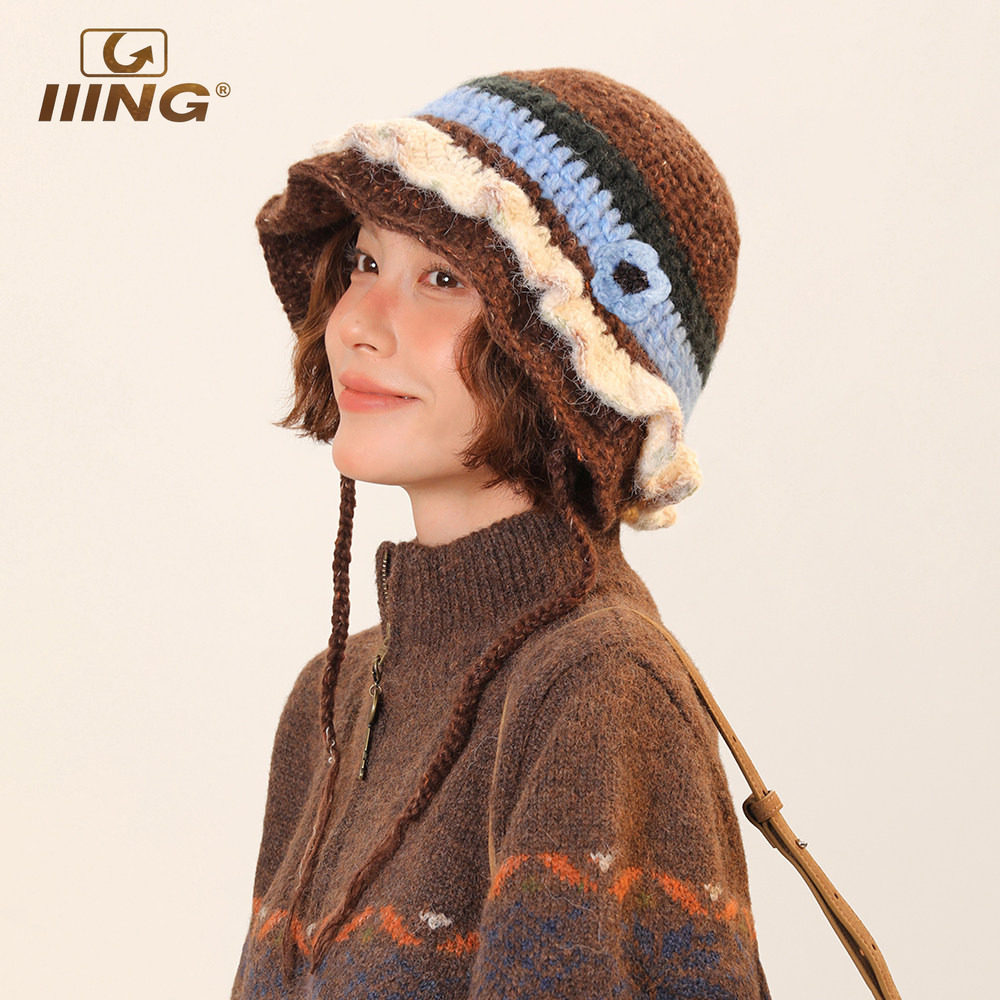 IIING帽控 针织渔夫帽女秋冬季绑带拼色花边水桶帽显脸小护耳盆帽