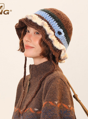 IIING帽控 针织渔夫帽女秋冬季绑带拼色花边水桶帽显脸小护耳盆帽