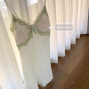 夏季 超仙纯欲风家居服 吊带蕾丝睡衣女吊带绸性感裙带胸垫薄款 韩版