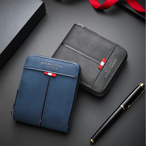 2025新款跨境男士时尚钱包短款横款拉链三折零钱包复古休闲搭扣