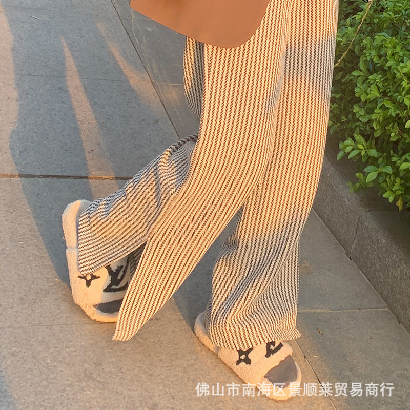 开叉条纹裤秋冬季新款直筒垂感百搭拖地裤孕妇裤