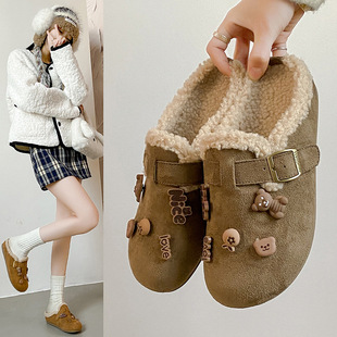 新款勃肯鞋加绒女软底复古冬鞋子厚底半拖平底保暖毛毛鞋棉鞋Y28