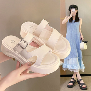 厚底一字拖鞋 女夏外穿2025夏季 新款 仙女风皮带扣露趾沙滩凉拖鞋