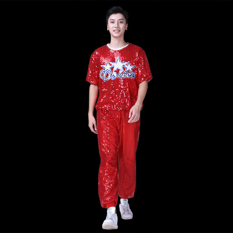 新款亮片衣服套装跳舞新款v女男成人广场舞爵士现代舞演出服啦啦