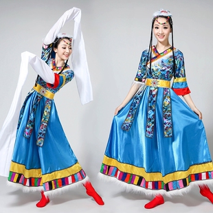藏族舞蹈演出服装 演出服长裙P藏族舞民族服装 女 水袖 表 成人 新款