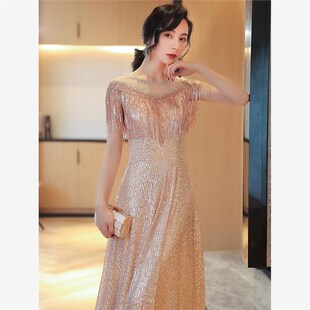 新款 气质高u端大合唱演出服高贵亮片主持人连衣裙 年会晚礼服新款