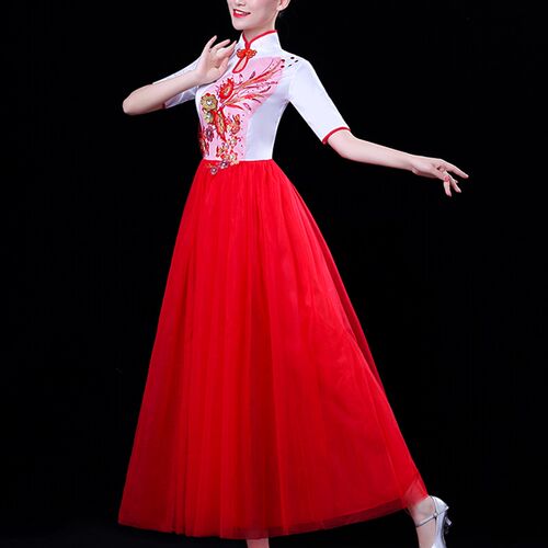 新款中国风大合唱团演出服装女长裙E成人中老年古筝表演礼服高中