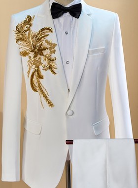 精选白色绣花西服歌手演出服男成人司仪主持合唱团礼服Z照相馆男