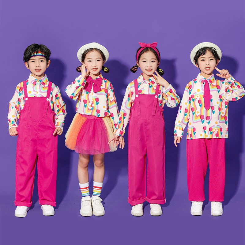 新选六一儿童节长袖衬衫新款表演服女童啦啦队舞蹈V服男童合唱团