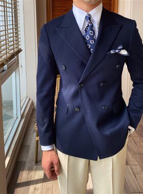 新选鹿三先生焦糖色双排扣西装男士F日常修身纯色职场正装通勤西