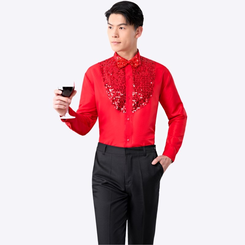精选白色亮片衬衣黑色闪钻衬衫舞台大合H唱演出服男装歌手主持舞图片