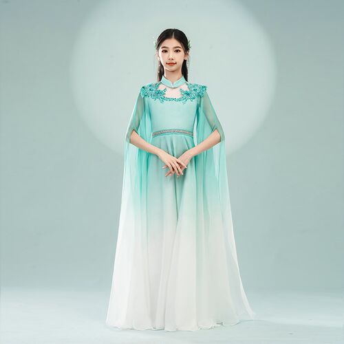 新款中国风c儿童演出服民乐古筝大童女童演奏古典舞摩登绿古风主