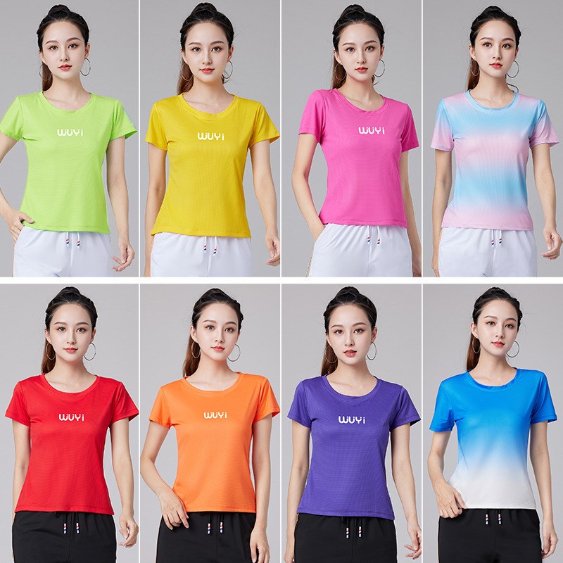 精选夏季广场舞服新款速干短袖上衣健身跳操跑步跳舞X运动上衣速