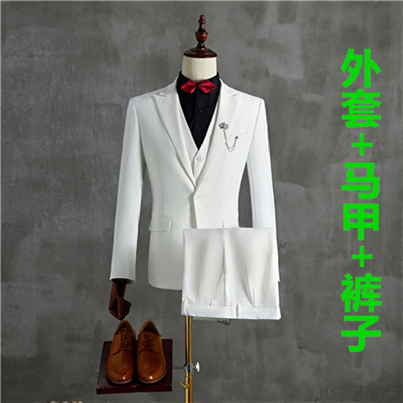 新款西装三件套影楼拍照男装演出服修身主持人P礼服歌手舞台装男图片