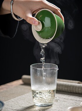 祖母绿仿古盖碗 功夫茶具陶瓷岩茶泡茶碗 绿色仿烫手抓碗