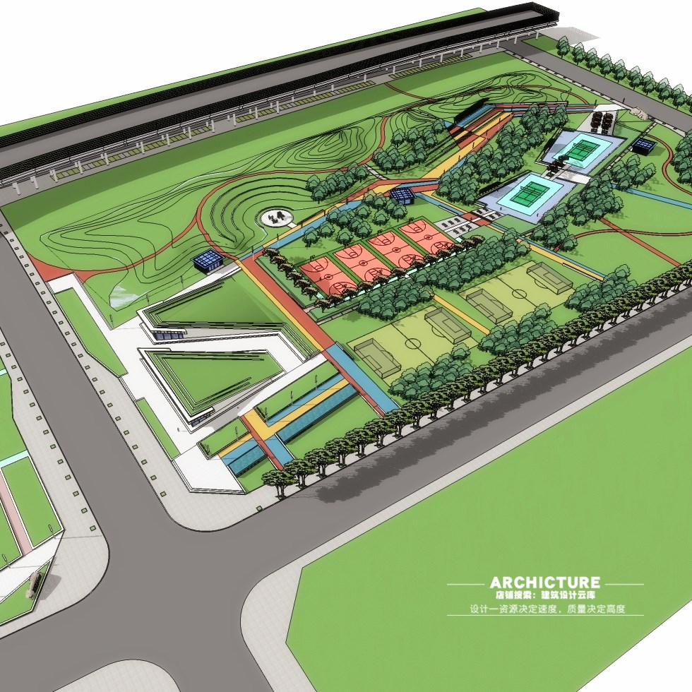 城市运动体育公园篮球场足球排球场地商业小卖店草图大师su模型