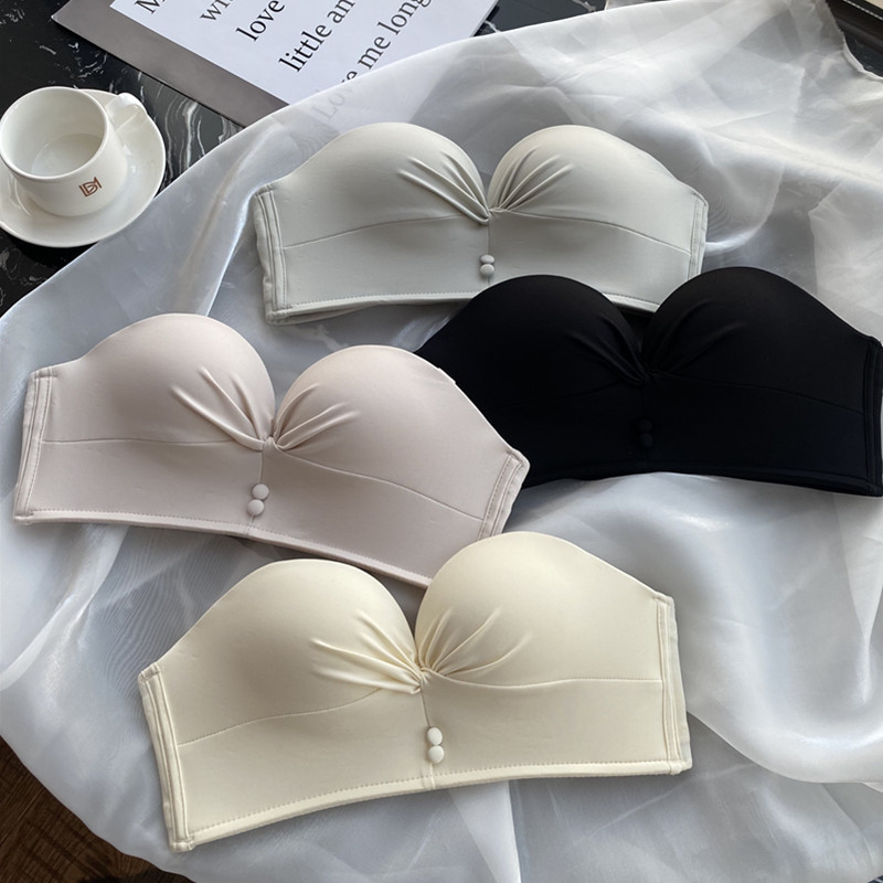 无肩带新款光面婚纱礼服小胸加厚聚拢手掌杯文胸上托舒适美背内衣