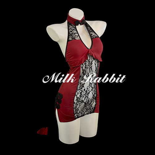 Cy奶兔「沉溺玫瑰」性感中式挂脖旗袍古典qqny御姐睡裙内衣套装