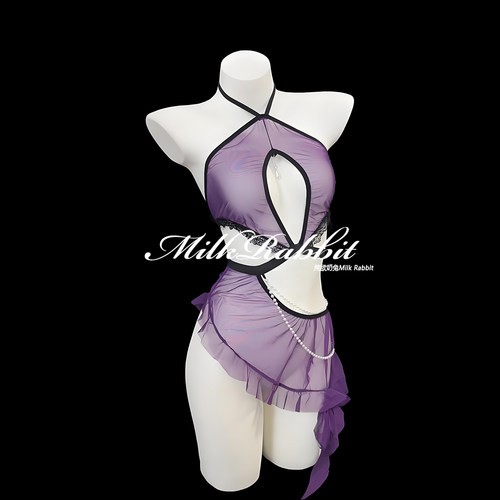 Cy奶兔「拉丁女神」性感挂脖镂空网纱露背透视套装显瘦裙子qqny