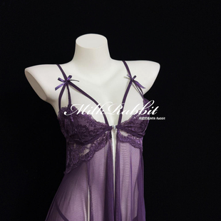 Cy奶兔「一帘幽梦」性感吊带女前开襟显瘦蕾丝透视网纱睡裙