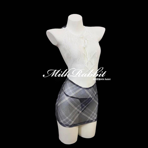 Cy奶兔「秘书的条纹」性感蕾丝透视格纹连体包臀裙cos制服睡裙