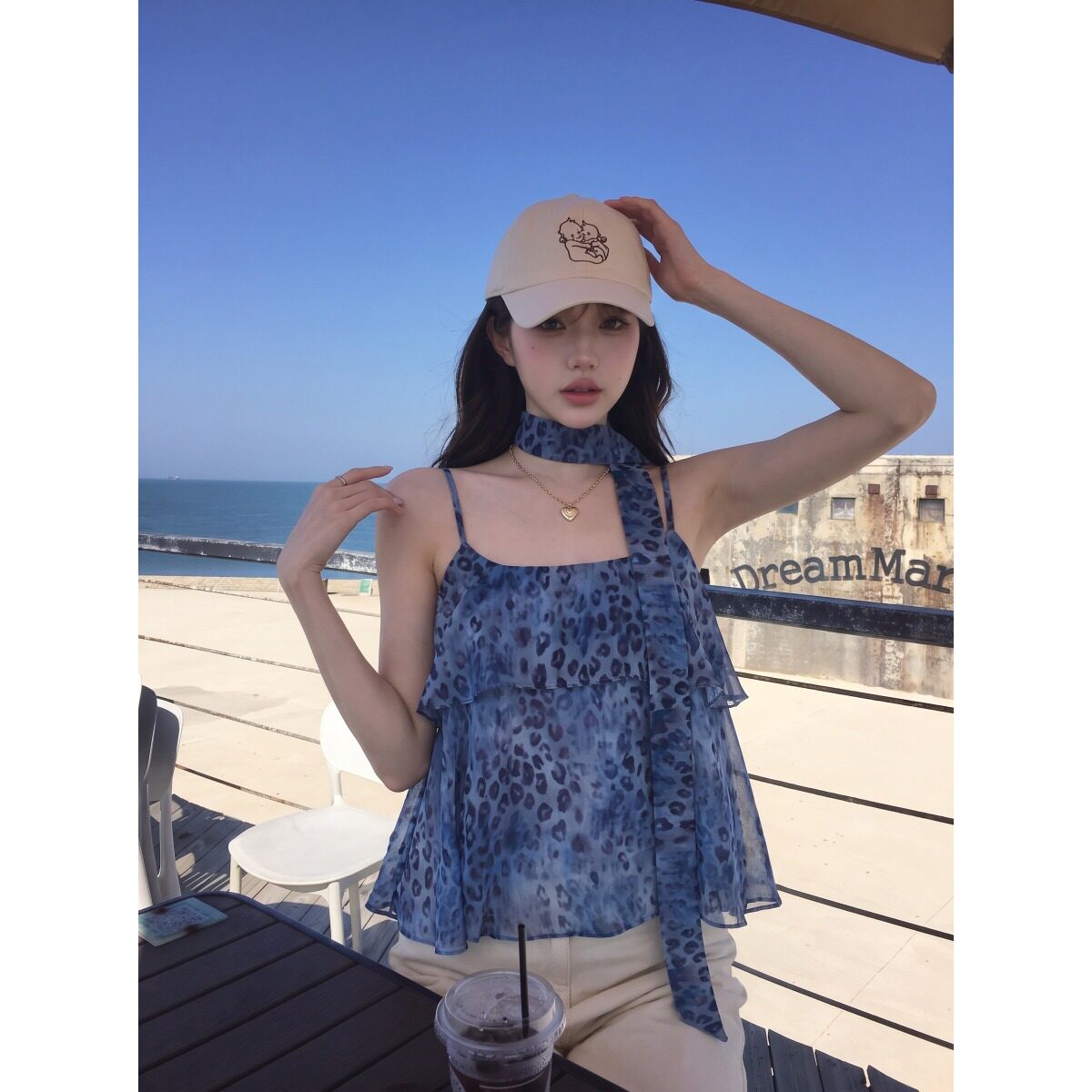 蓝色豹纹飘带吊带背心女夏季性感辣妹宽松显瘦设计感纯欲无袖上衣