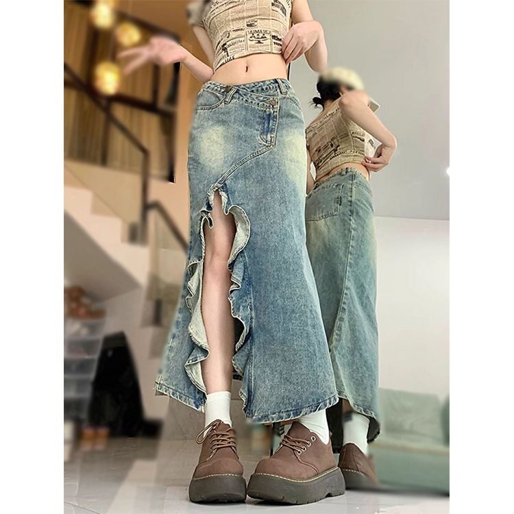美式复古不规则中长款牛仔半身裙女夏季新款波浪开叉高腰鱼尾裙子