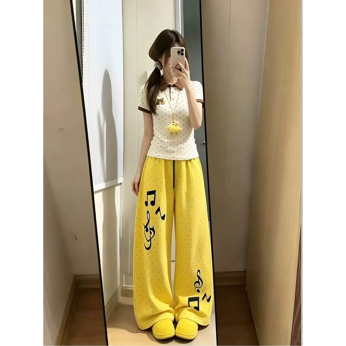 美式复古波点音符休闲运动裤女夏季学生韩版宽松阔腿长裤