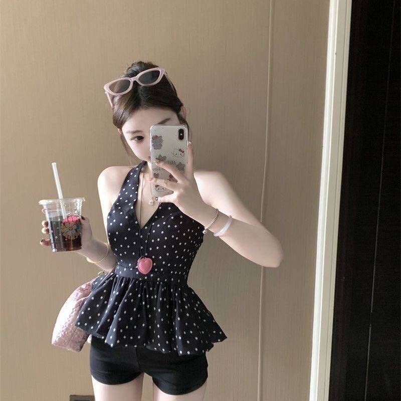 晨领法式设计感性感挂脖波点吊带背心夏季蓬蓬花苞露背无袖上衣女