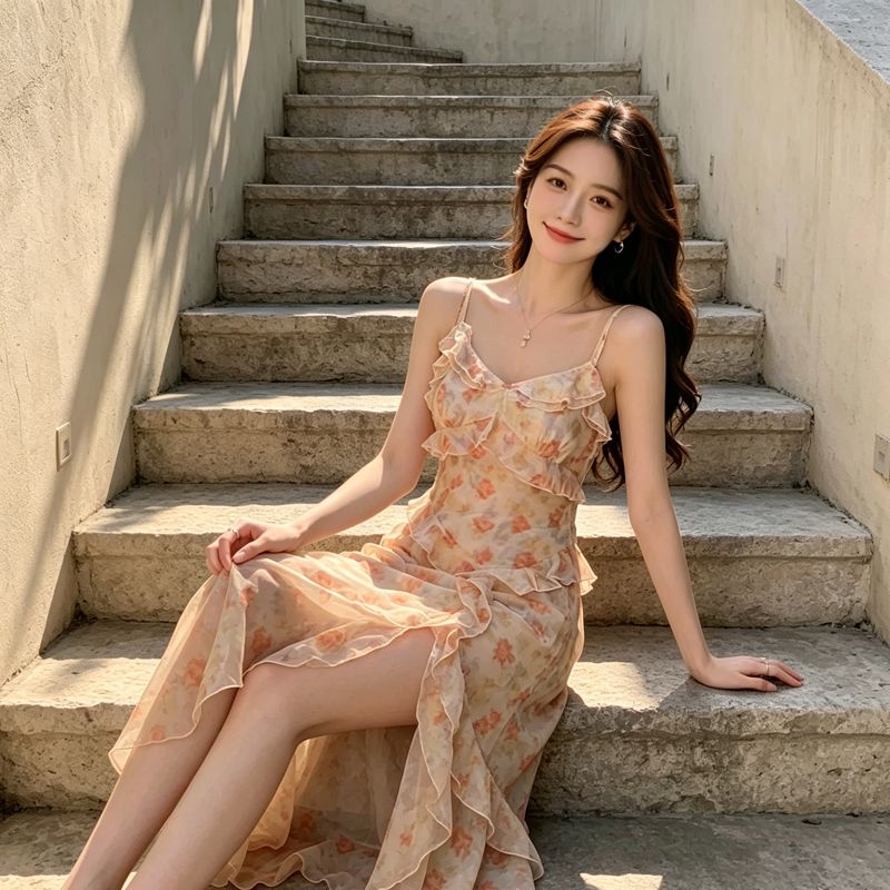 吊带裙女2026夏季法式性感v领高腰开叉雪纺不规则长裙碎花连衣裙