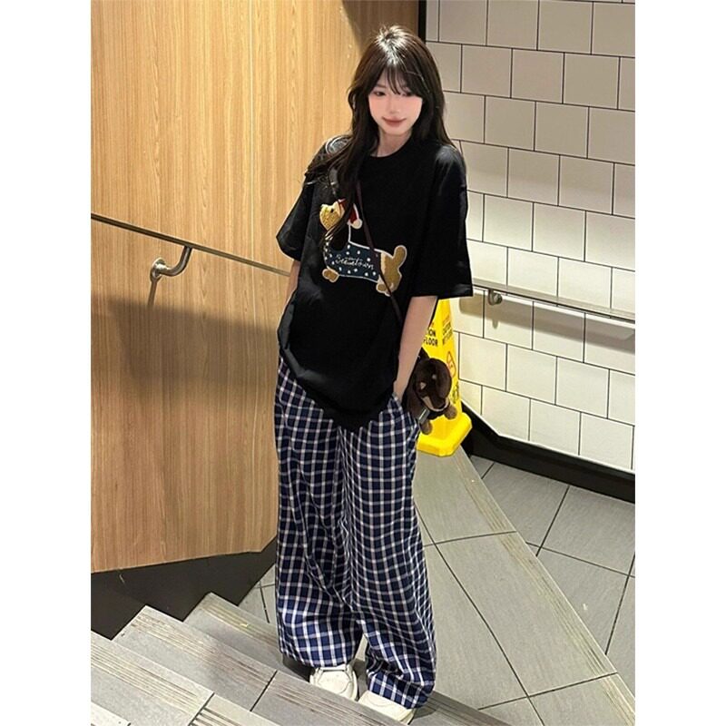 藏青格子露思休闲裤女夏季高腰宽松垂坠感bf慵懒风直筒阔腿裤子