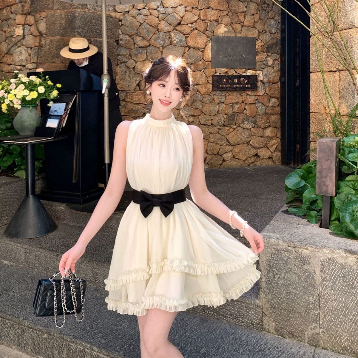 法式千金风古早感无袖连衣裙女夏季复古vintage蝴蝶结显瘦短裙子