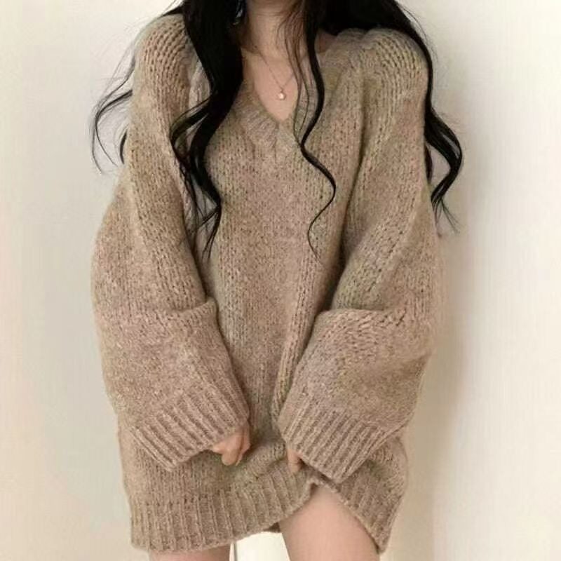1624外穿中长款加厚v领套头毛衣女宽松大码慵懒风内搭打底针织衫