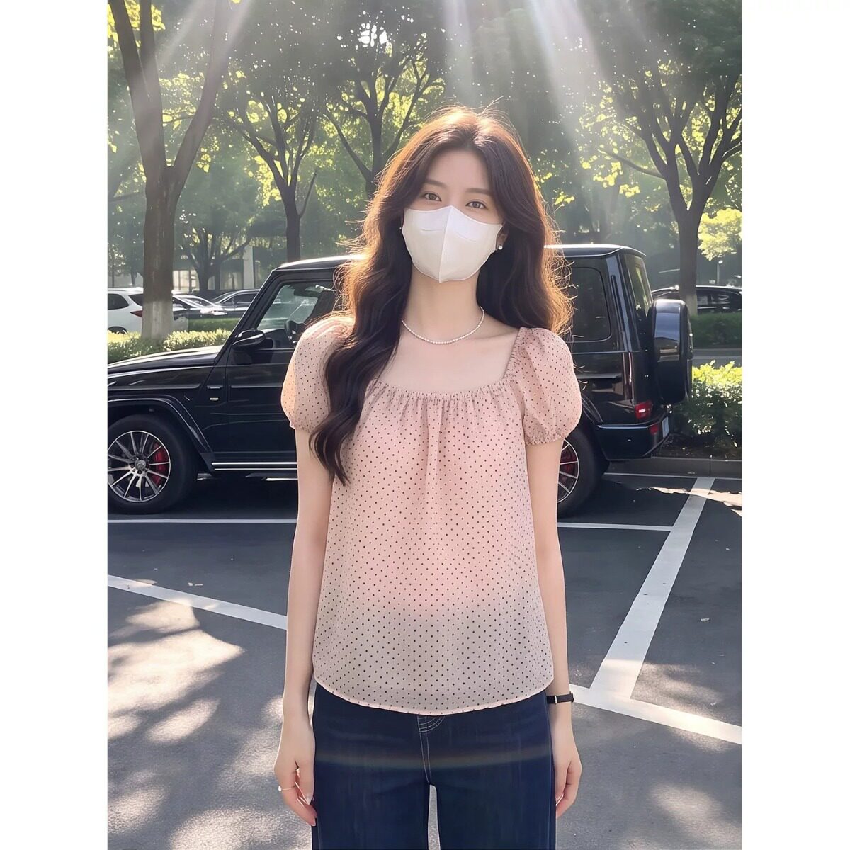 法式波点衬衫女夏季设计感一字肩甜美风衬衣两穿圆领小众上衣ins