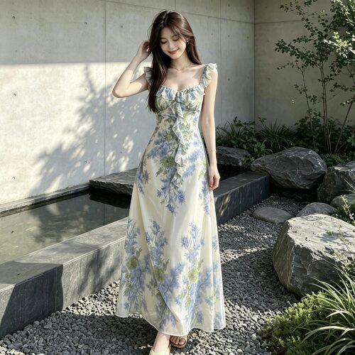 清新荷叶边碎花裙法式风少女2026夏季复古绿薄荷曼波度假风大摆裙