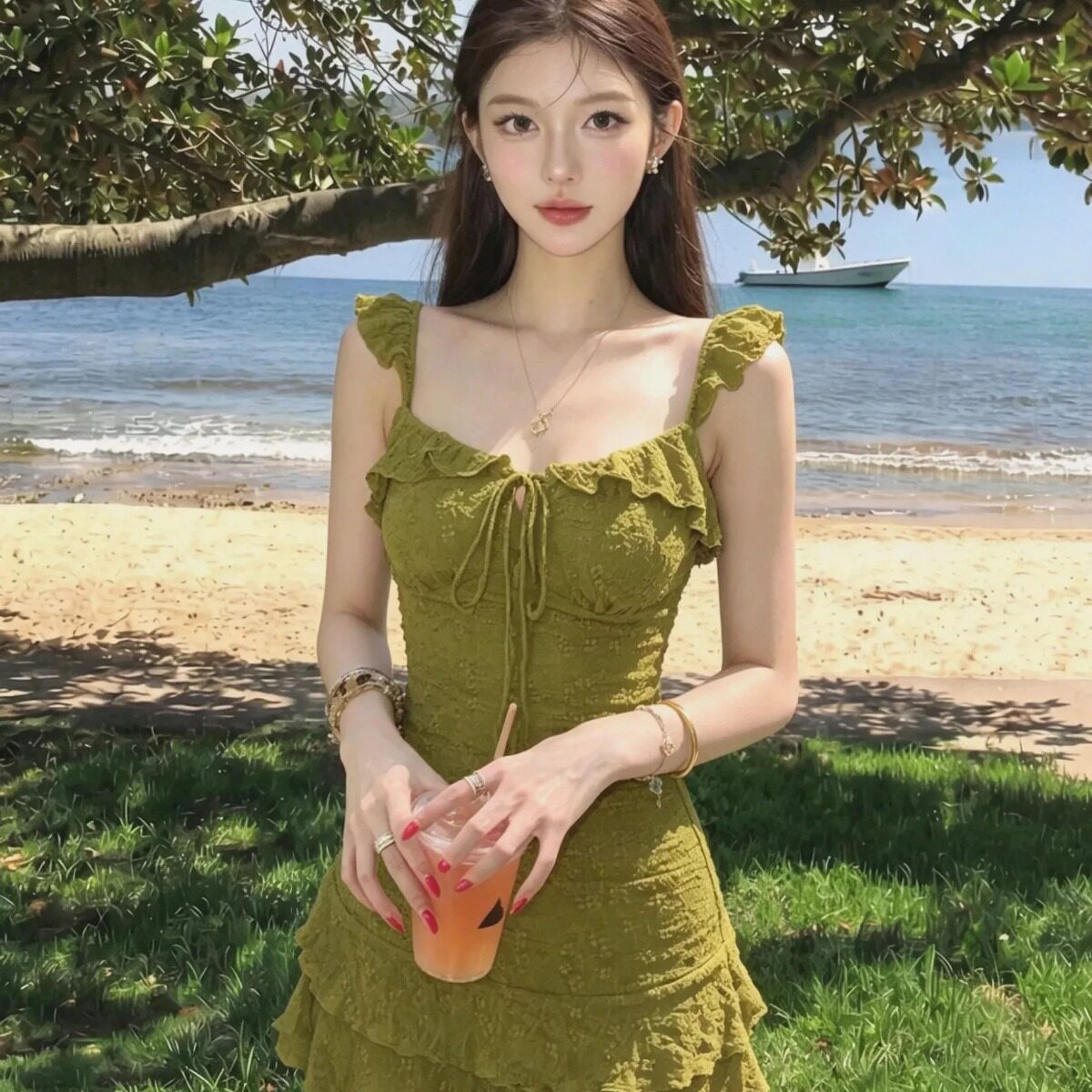 纯欲风绿色吊带连衣裙女夏季辣妹修身收腰显瘦裙子荷叶边包臀短裙