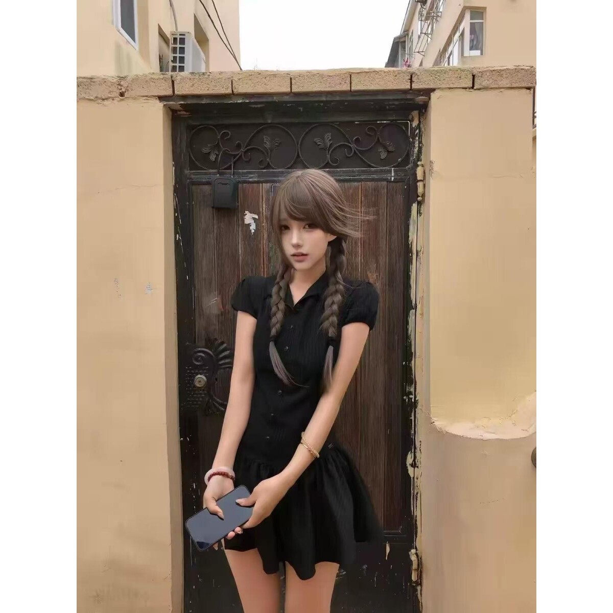 复古美式黑色条纹连衣裙女夏季新款修身气质短裙子显瘦小黑裙夏