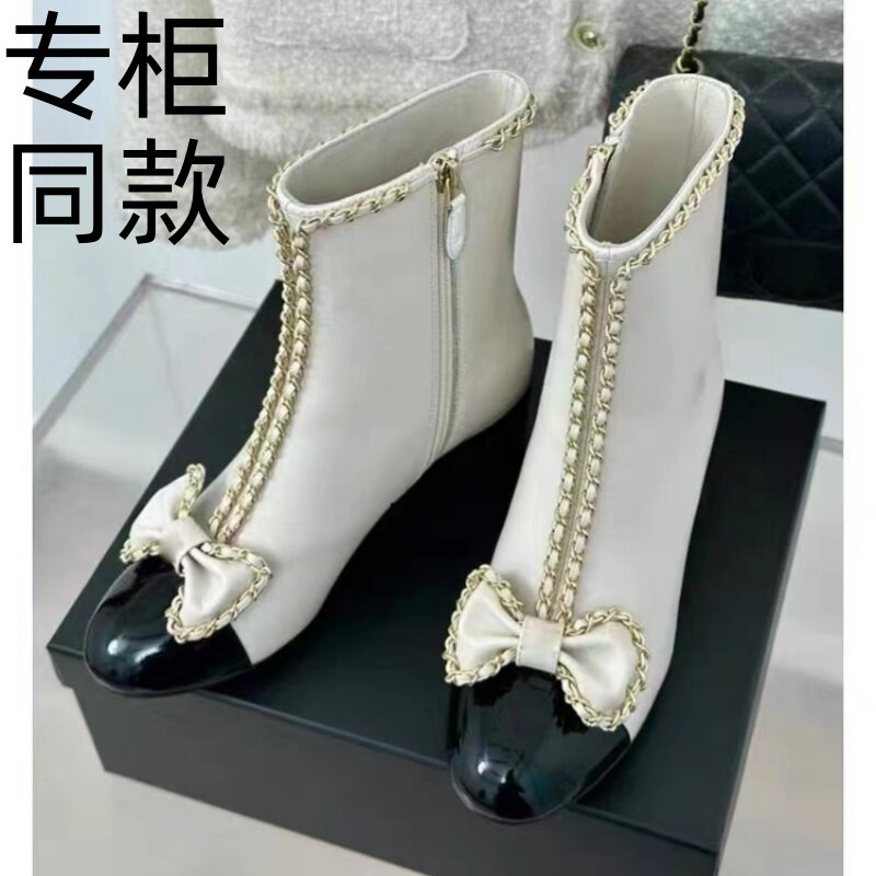 小香风香港买版羊皮蝴蝶结女短靴